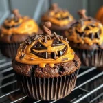 Close-up side view of Halloween-themed muffins decorated with green icing and chocolate accents.