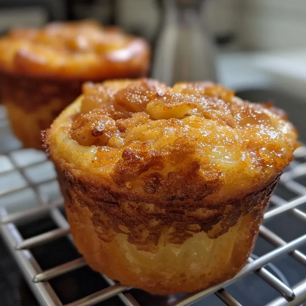 Close-up of golden-brown muffins studded with apple chunks and a sprinkle of cinnamon.