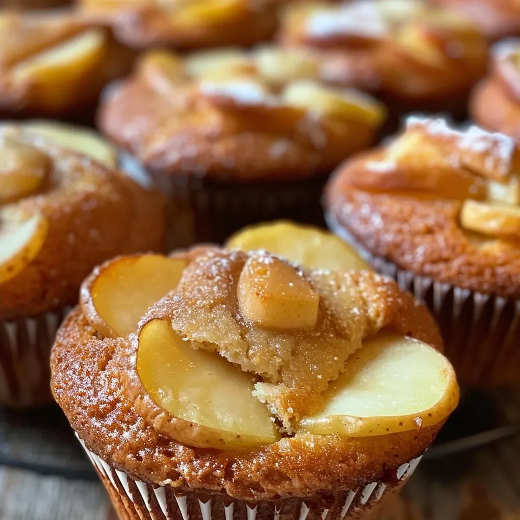 Side view of freshly baked apple cinnamon muffins showcasing their moist texture.
