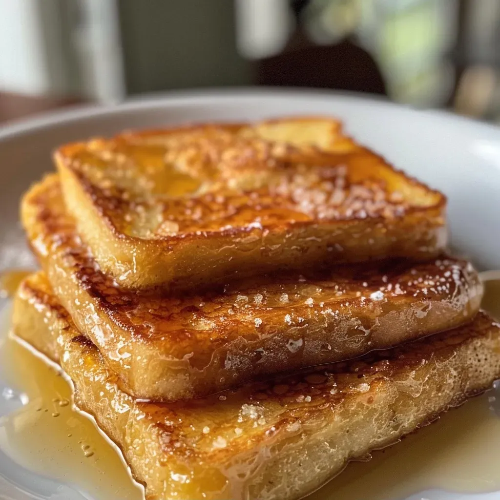Side angle shot of delicious pain perdu, lightly browned and oozing syrup.