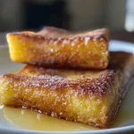 Close-up view of caramelized pain perdu topped with chestnut cream and vanilla ice cream.