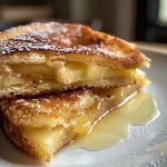 Close-up of a golden-brown slice of pain perdu nestled with sweet chestnut jam.