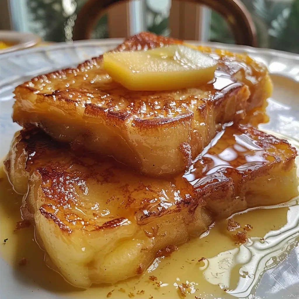 Side view of a delicious pain perdu dish, showcasing its crispy edges and creamy texture.
