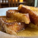 Close-up view of golden-brown pain perdu slices drizzled with syrup.