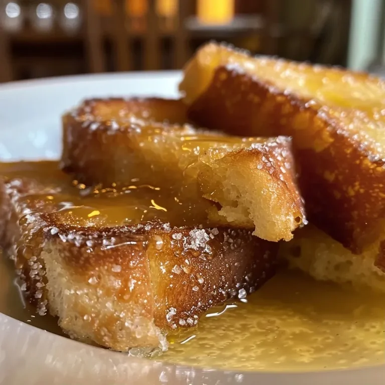 Le pain perdu réconfortant qui fera chavirer vos papilles Close-up view of golden-brown pain perdu slices drizzled with syrup.