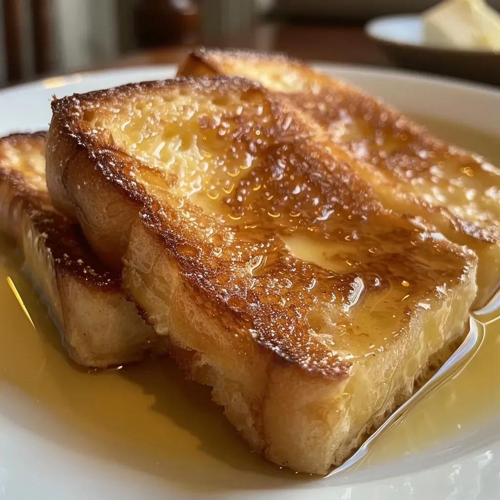 Side view of fluffy French toast topped with fresh berries.