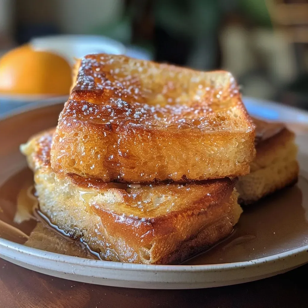 Side view of thick slices of pain perdu topped with syrup and mint.