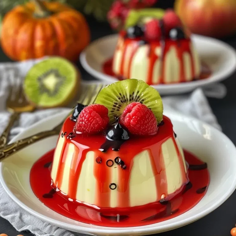 Close-up of Halloween-themed Panna Cotta with vibrant red fruits and a green kiwi slice.