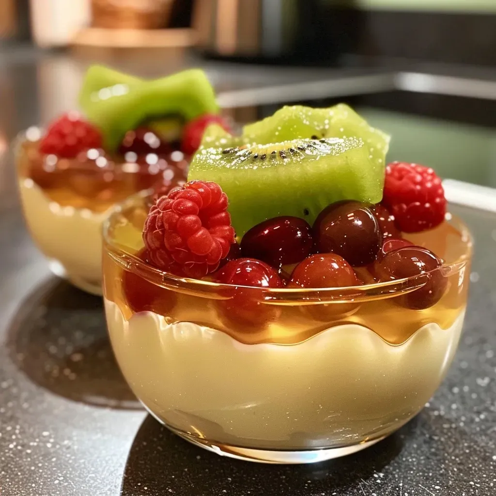 Side view of a creamy Panna Cotta topped with assorted red fruits and kiwi, set in a glass.