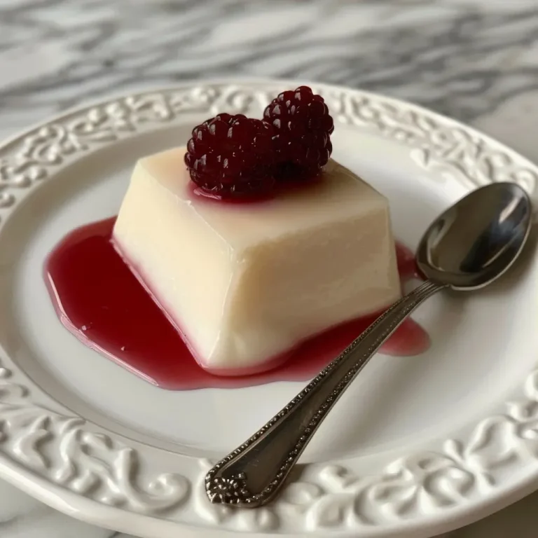 Close-up view of a creamy panna cotta topped with a berry sauce.