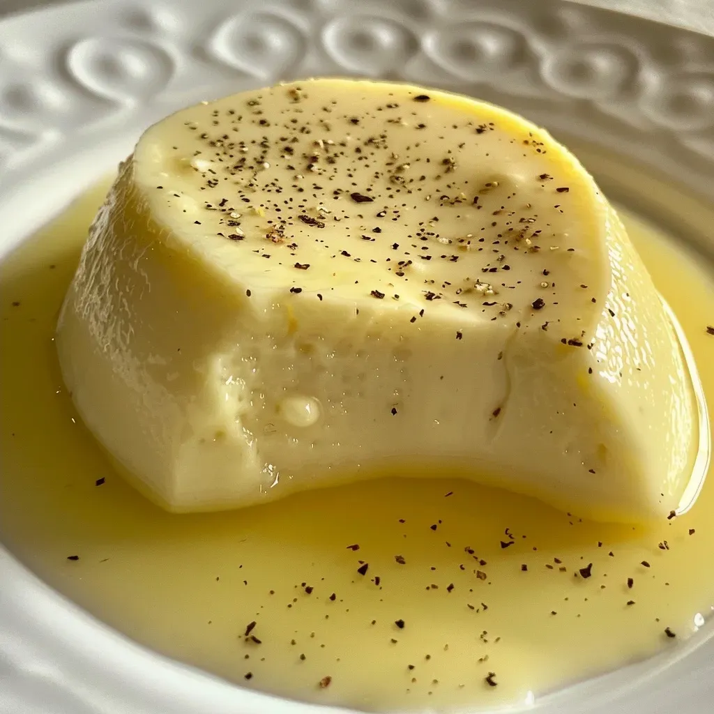 Side view of a smooth panna cotta dessert garnished with fresh fruit.