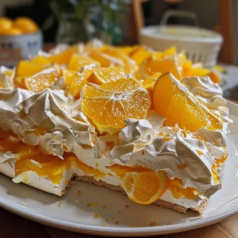 La Pavlova Choc-Orange: Un nuage de douceur pour Pâques Close-up of a Choc-Orange Pavlova layered with orange zest and chocolate.