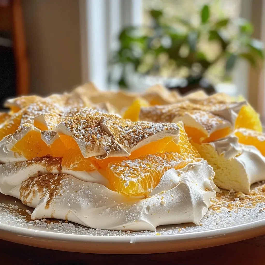 Side view of a creamy Choc-Orange Pavlova showcasing its chocolate and orange filling.