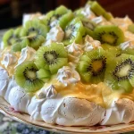 Close-up side view of a delicious pavlova topped with kiwi slices.