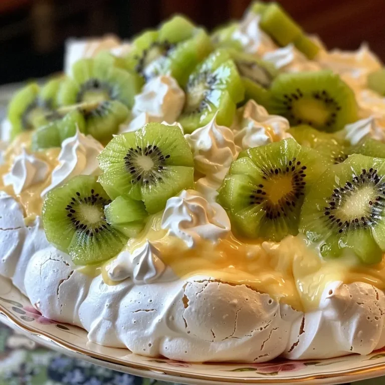 La pavlova légère et fruitée qui ravira vos papilles Close-up side view of a delicious pavlova topped with kiwi slices.