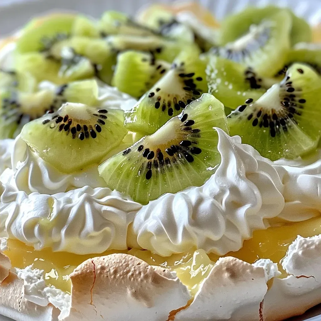 Juicy pavlova with a crisp exterior and fluffy interior, featuring sliced kiwi on top.