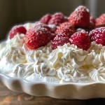 Close-up view of a gluten-free Pavlova with a crispy meringue crust and soft center.