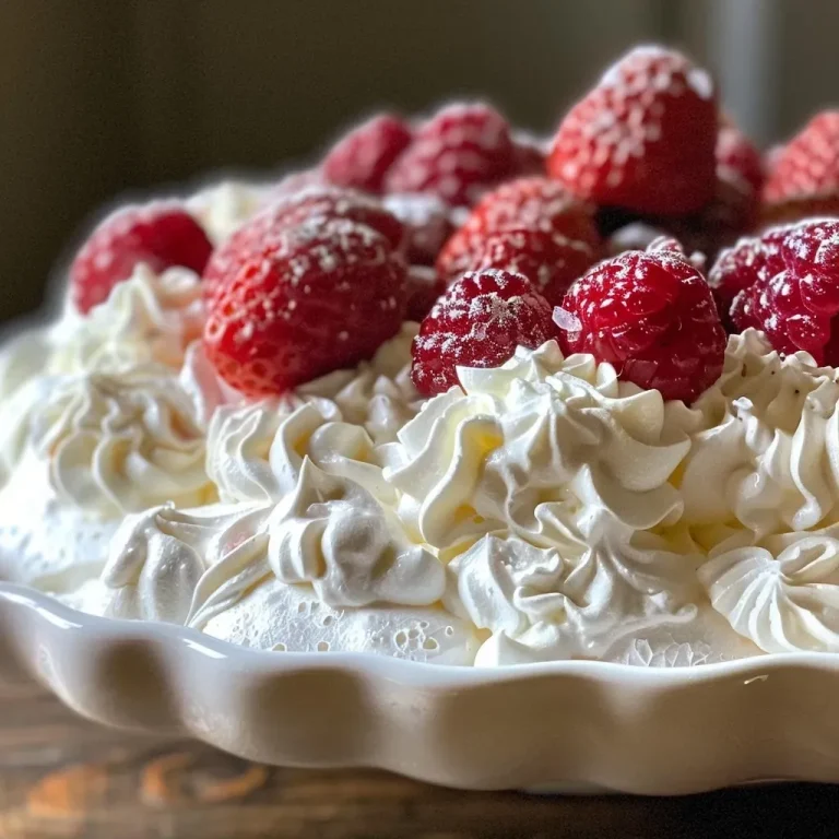 Close-up view of a gluten-free Pavlova with a crispy meringue crust and soft center.