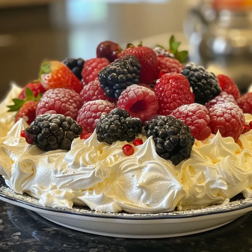 Side profile of a beautifully decorated gluten-free Pavlova topped with fruits.