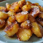Close-up of juicy roasted apples sprinkled with cinnamon and drizzled with honey.