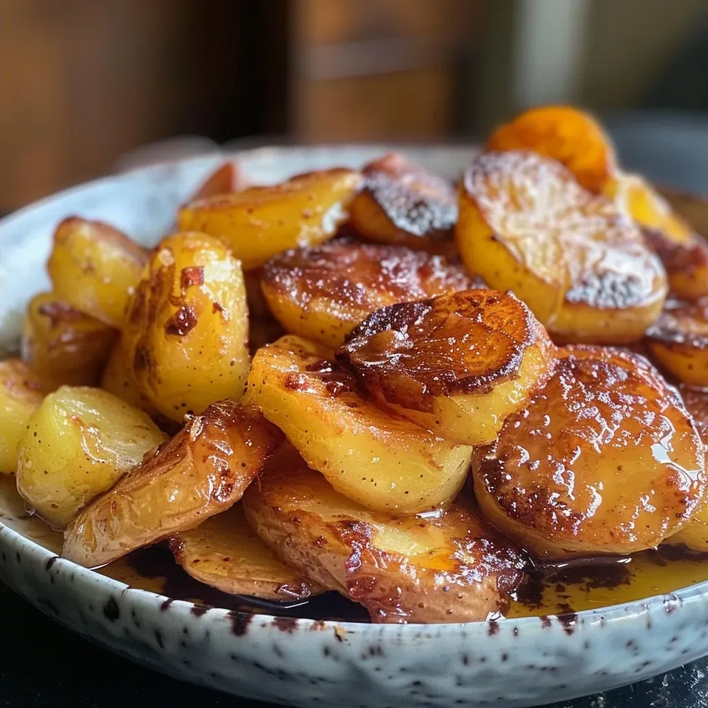 Side view of caramelized apples with a dusting of cinnamon and a shiny glaze.