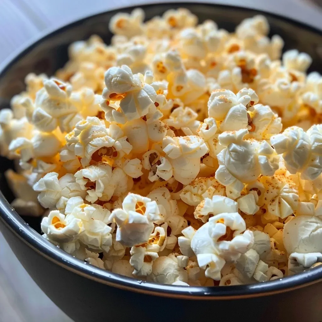 Side view of freshly popped popcorn in a bowl, highlighting its golden-yellow hue and appealing shape.