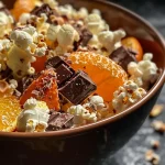 Close-up view of chocolate and orange flavored popcorn in a bowl.