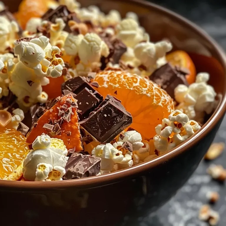 Close-up view of chocolate and orange flavored popcorn in a bowl.
