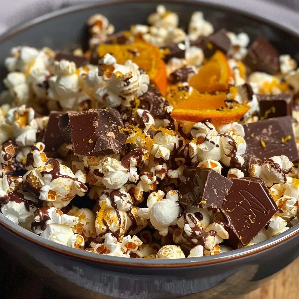 Side view of glossy chocolate-coated popcorn sprinkled with orange zest.