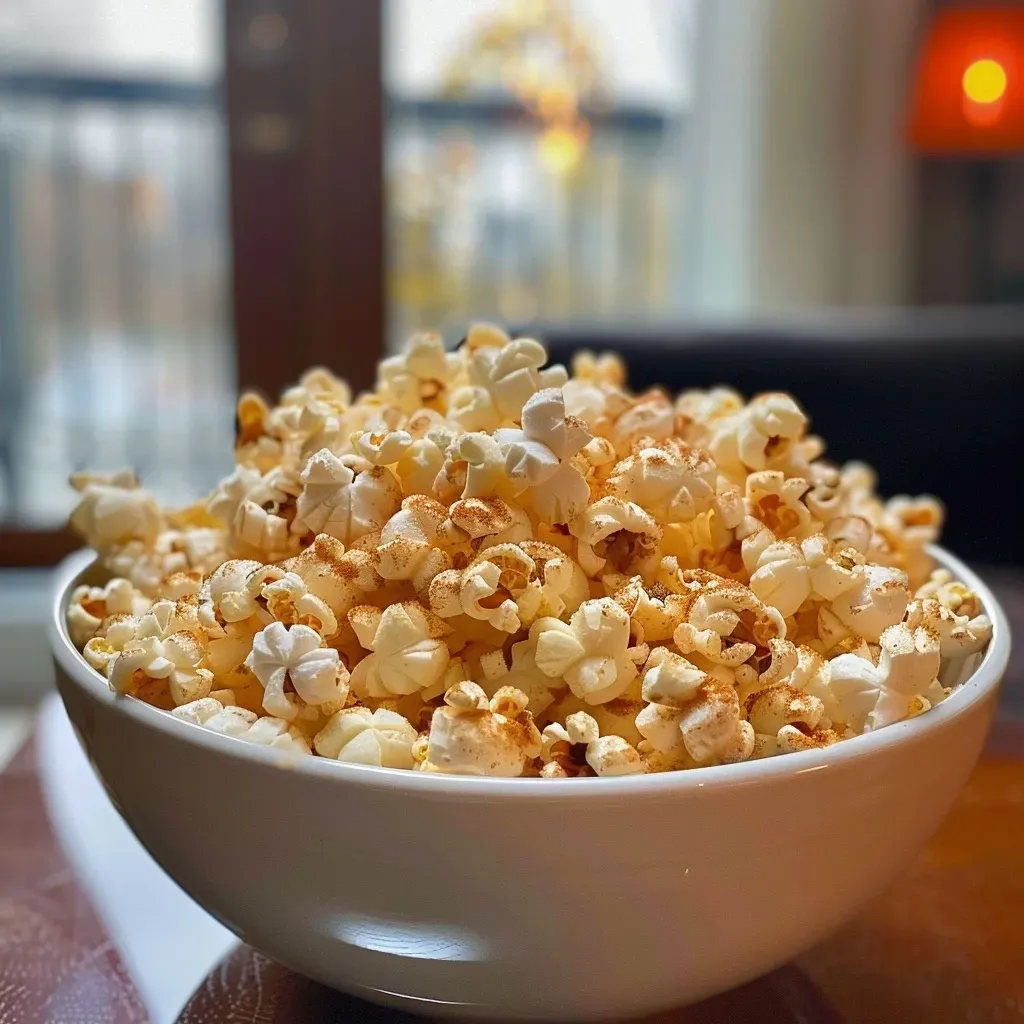 Side view of freshly popped protein popcorn, highlighting the seasoning and protein powder coating.