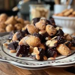 ['Close-up side view of caramelized almond clusters drizzled with dark chocolate.', 'Juicy rochers aux amandes featuring a glossy chocolate coating and a sprinkle of sea salt.', 'An appetizing arrangement of almond pieces coated in caramel and dark chocolate.', 'Textured view of gourmet almond rochers topped with a rich chocolate glaze.']