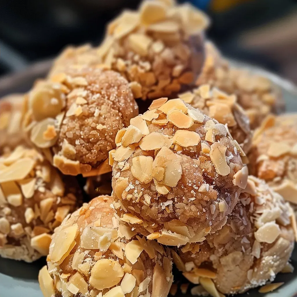 ['Close-up side view of caramelized almond clusters drizzled with dark chocolate.', 'Juicy rochers aux amandes featuring a glossy chocolate coating and a sprinkle of sea salt.', 'An appetizing arrangement of almond pieces coated in caramel and dark chocolate.', 'Textured view of gourmet almond rochers topped with a rich chocolate glaze.']