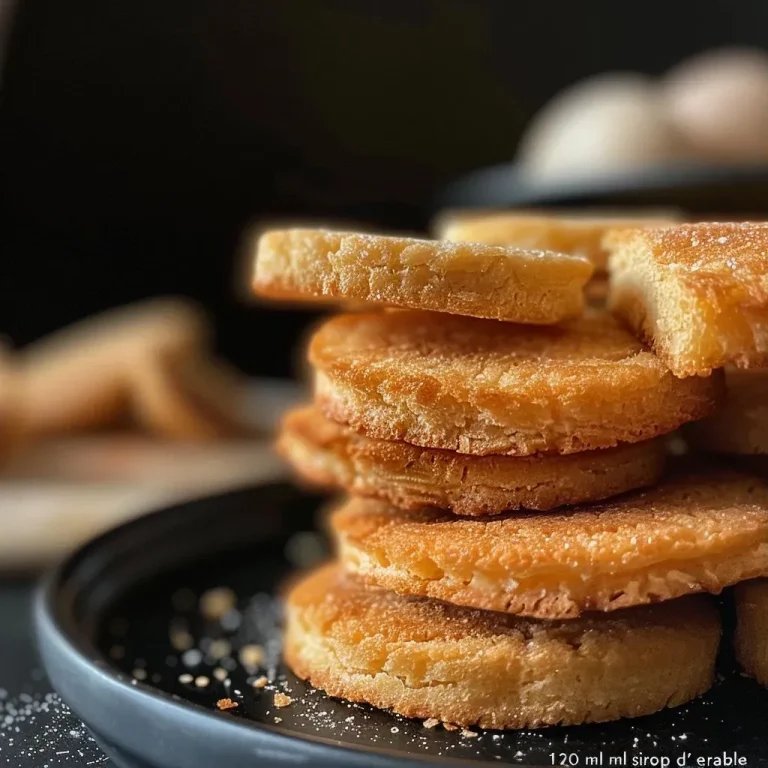 Side view of a stack of golden-brown Sablés à l'érable on a white plate.