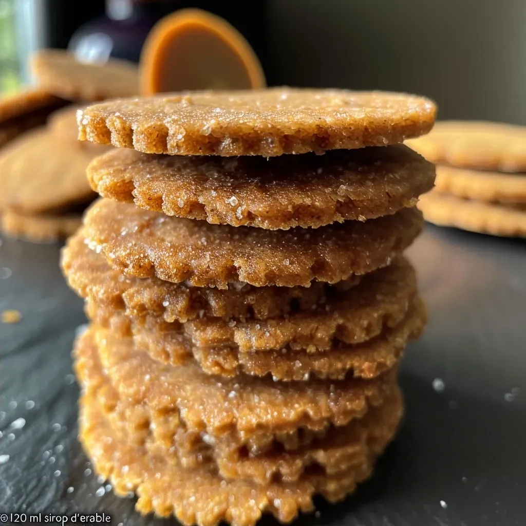 Close-up of crumbly maple cookies arranged neatly on a wooden table.