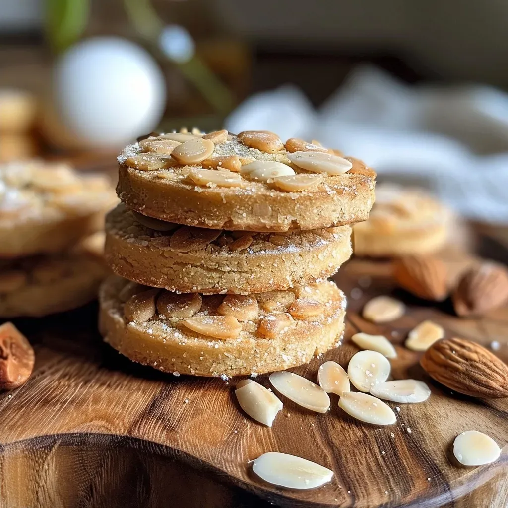 Side view of delicious sablés aux amandes showing a crumbly texture and shiny surface.