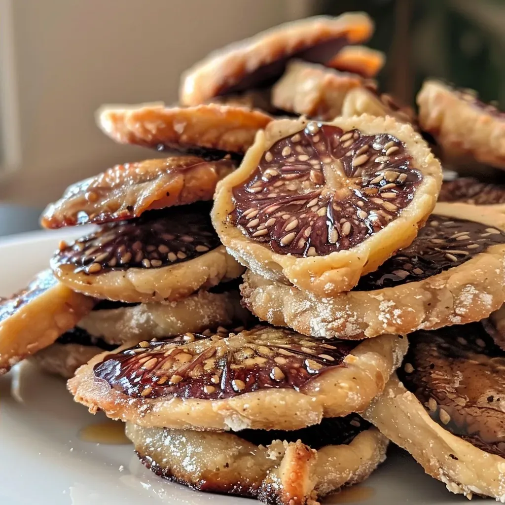 Side view of a homemade sablé filled with fig jam, emphasizing its flaky texture.