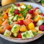 Close-up of a colorful fruit salad served in a glass, infused with ginger.