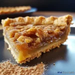 Close-up view of a slice of Tarte à la cannelle showcasing a golden-brown crust and creamy filling.