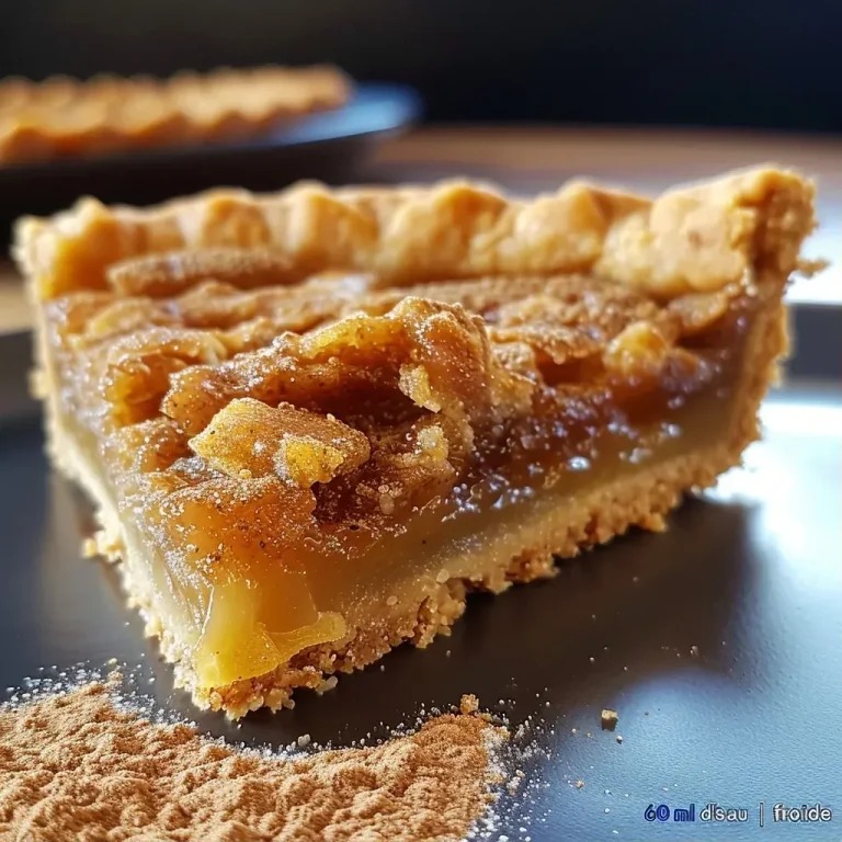 Close-up view of a slice of Tarte à la cannelle showcasing a golden-brown crust and creamy filling.