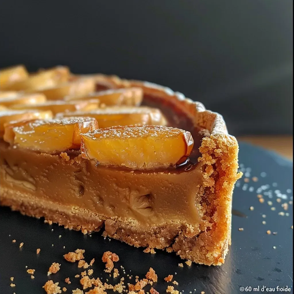 Side view of a delicious Tarte à la cannelle highlighted by a flaky crust and rich cinnamon topping.