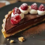 A close-up side view of a delicious chocolate tart showcasing a rich, glossy chocolate filling.