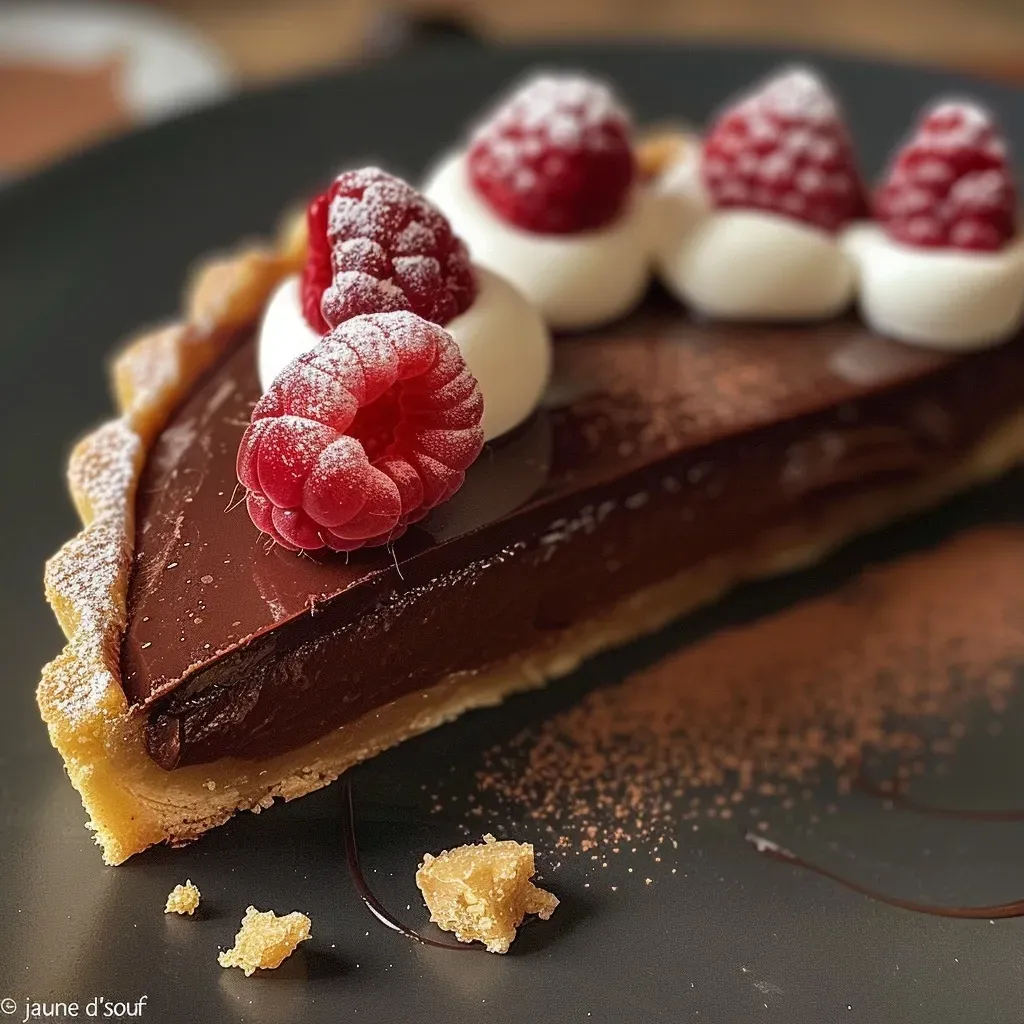 A close-up side view of a delicious chocolate tart showcasing a rich, glossy chocolate filling.