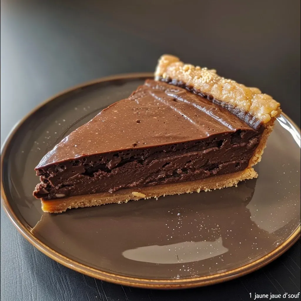 Side view image of a delectable chocolate tart with a shiny topping and a flaky crust.