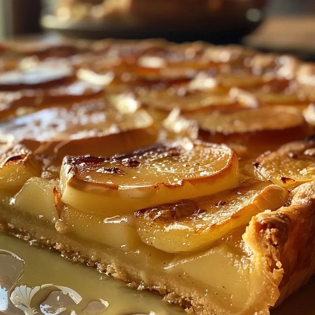 A close-up side view of a slice of Tarte au Sirop d’érable, showcasing its golden crust and gooey filling.