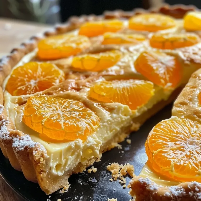 Close-up of a glossy Tarte aux clémentines with visible citrus slices on top.