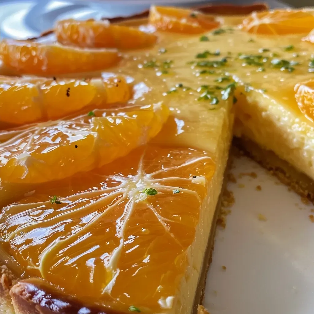 Side view of a delicious Tarte aux clémentines featuring a golden crust and vibrant orange filling.