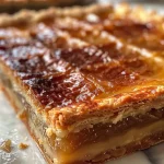 ['Close-up of a sliced Tarte aux marrons, showcasing a golden crust and rich chestnut filling.', 'Side view of a decadent Tarte aux marrons, highlighting its creamy texture and garnished top.', 'Detailed shot of Tarte aux marrons with a flaky crust and smooth chestnut puree visible.', 'Close view of a freshly baked Tarte aux marrons on a rustic wooden table.']