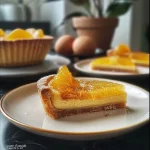 Close-up of a clementine cream tart showcasing a smooth, creamy filling and a golden crust.