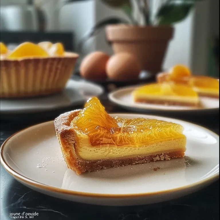 Close-up of a clementine cream tart showcasing a smooth, creamy filling and a golden crust.
