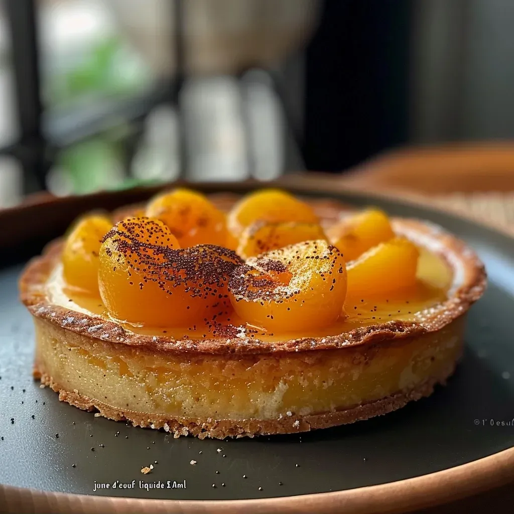 Side view of a tartelette filled with vibrant orange clementine cream topped with a light dusting of powdered sugar.